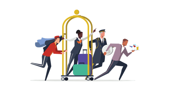 illustration of a hotel staff rushing through a lobby together